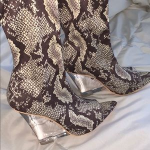 Clear Wedge Heel Boots Snake Skin Print Stretchy